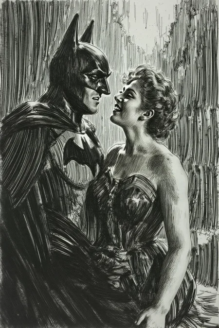 anzo1 black and white etching.
Batman and Wonder Woman kissing in the rain <lora:anzo1_nocap_d6a3:1.0><lora:815144652299705295:0>