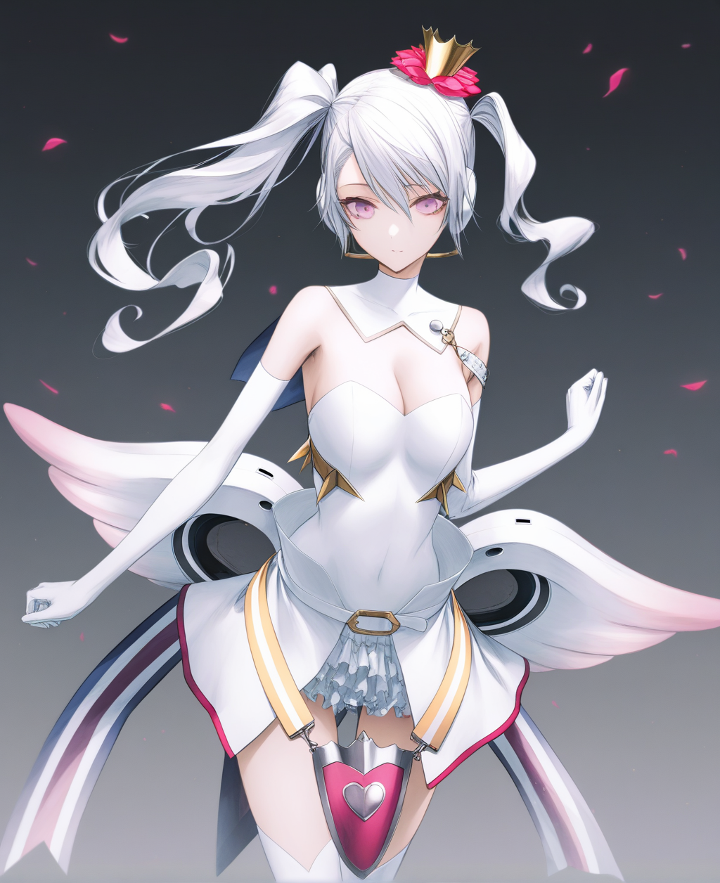 masterpiece,best quality,very aesthetic,absurdres, artist:gomzi,artist:wanke,
1girl,mu (caligula), gradient hair, pink eyes, asymmetrical twintails, mini crown, hair flower, behind-the-head headphones ,
elbow gloves, white gloves, strapless leotard, white leotard, white capelet, multicolored ribbon, low wings, gradient wings, white skirt, object in clothes, detached collar, belt, cleavage,
  <lora:tce-mu.noobaixl:1>
