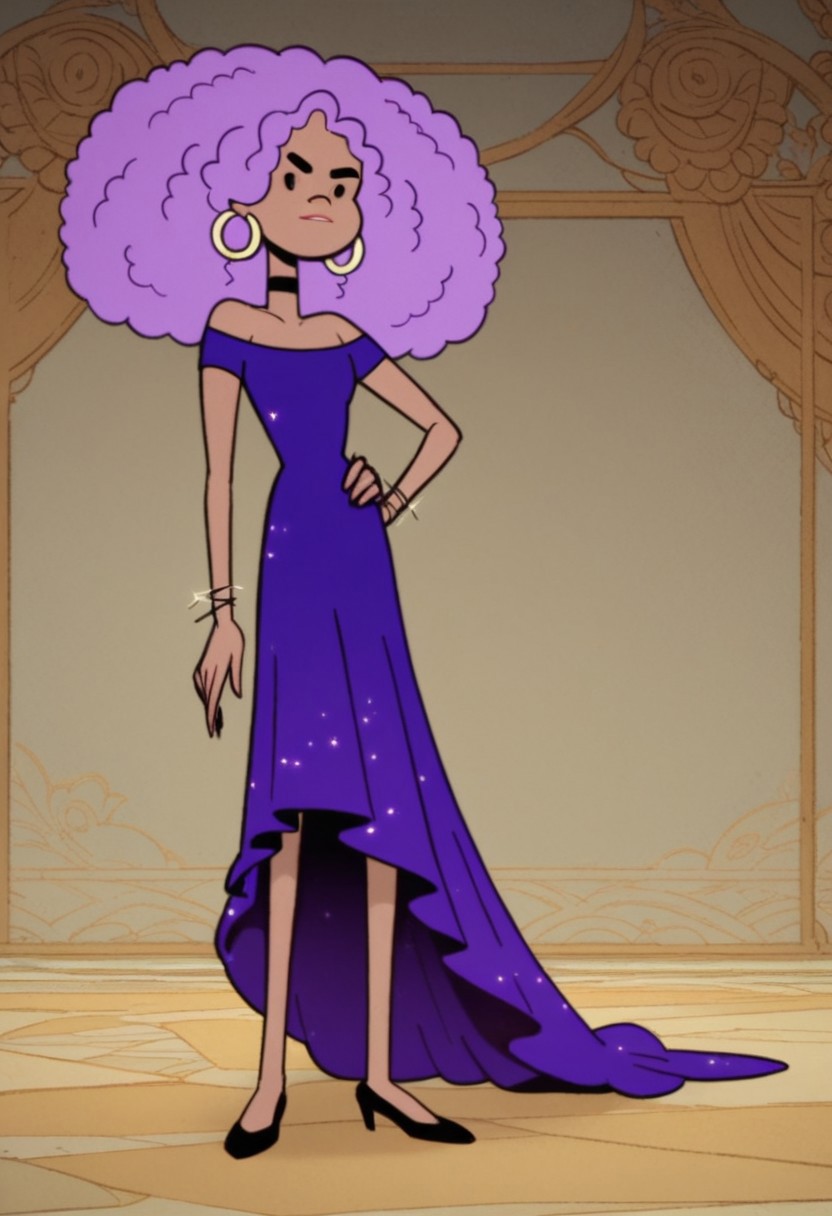 Score_9_up, score_8_up, score_7_up, Expressiveh, 1girl, solo, jokc, afro, purple hair, purple dress, choker, hoop earrings, black high heels, hand on hip, fancy ballroom