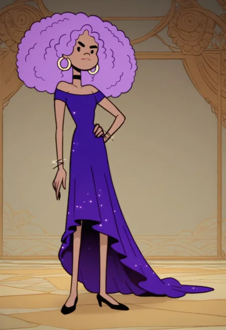 Score_9_up, score_8_up, score_7_up, Expressiveh, 1girl, solo, jokc, afro, purple hair, purple dress, choker, hoop earrings, black high heels, hand on hip, fancy ballroom