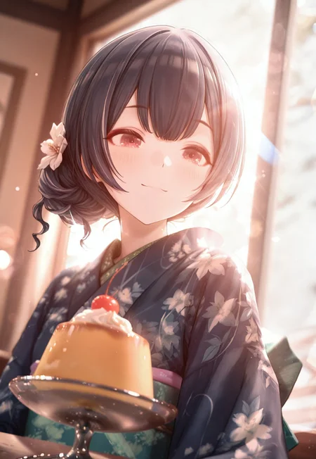 masterwork, masterpiece, best quality, very aesthetic, absurdres, newest, huge filesize, highres, very awa, detailed, year 2024, 1girl, solo, game_cg, idolmaster_shiny_colors,
detailed eyes,
makeup, thick eyebrows, eyeliner, eyeshadow,
aarinze, red eyes, blue hair, single hair bun, rinzekimono, white hair flower, blue kimono, print kimono, floral print, green obi, obiage, obijime,
(close-up:0.6), backlighting, bokeh, lens flare,
blush, curvy, dutch angle, light smile, pudding, cherry, whipped cream, indoors, window, table,