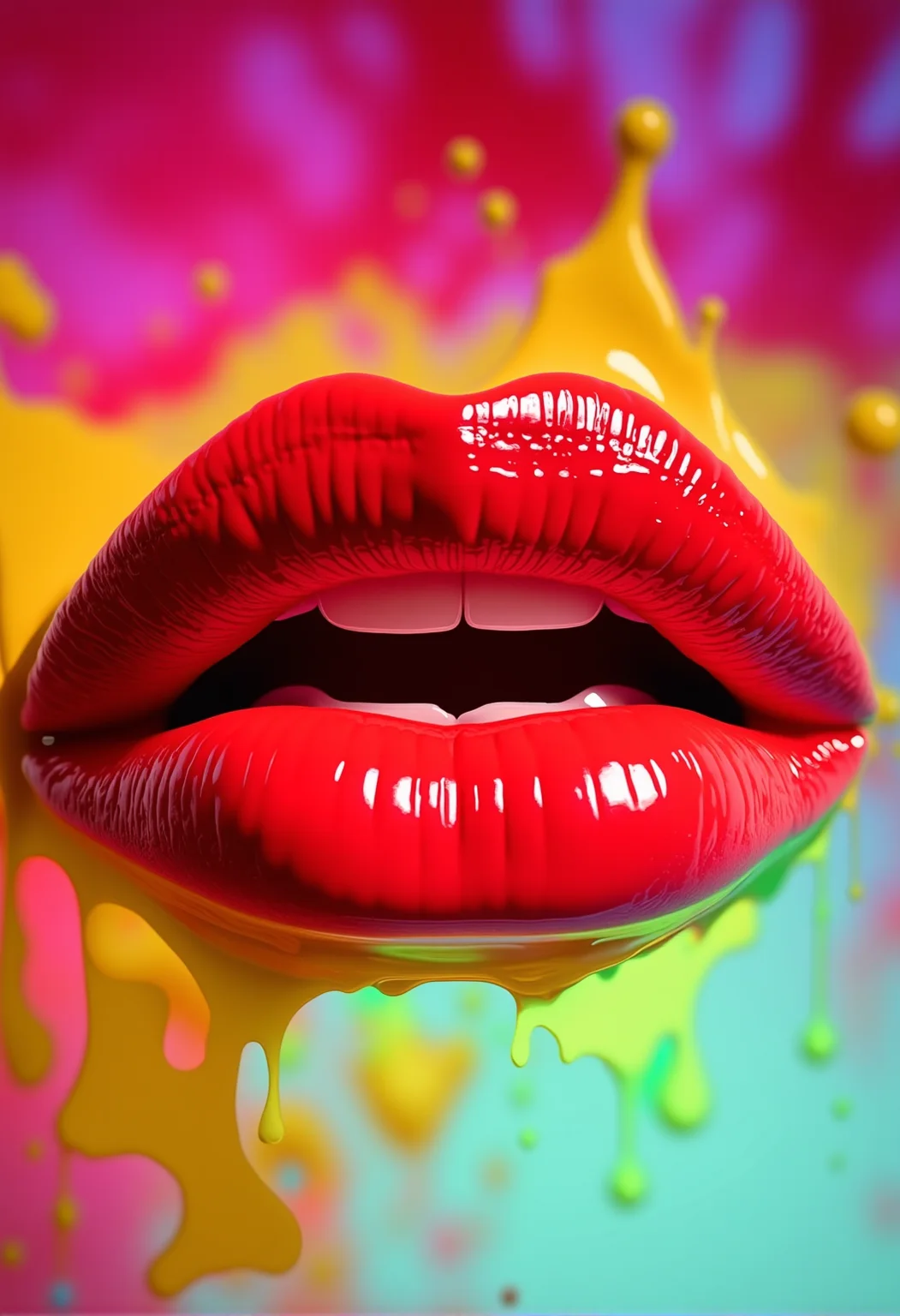 bv-colpaidri. A high-resolution image of a woman's lips, painted in vibrant red and yellow, the glossiness highlighted by colored spotlights, with subtle reflections enhancing the glossy surface, <lora:bv-colorful-paint-dripping-v1.safetensors:1.0:1.0>