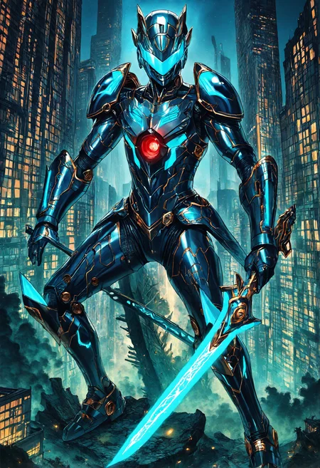 macro shot illustration, A creative image of a powerful female cyber soldier, standing strong in a futuristic neon-lit cityscape with holographic advertisements and towering skyscrapers, wearing a sleek helmet with a tinted blue visor and shiny armor made of blue energy with glowing circuits, armed with a red glowing energy sword with intricate metallic details, flowing silver hair and neon blue accents on her armor, inspired by the futuristic styles of Syd Mead, the vibrant colors of Ash Thorp, and the dynamic compositions of H.R. Giger