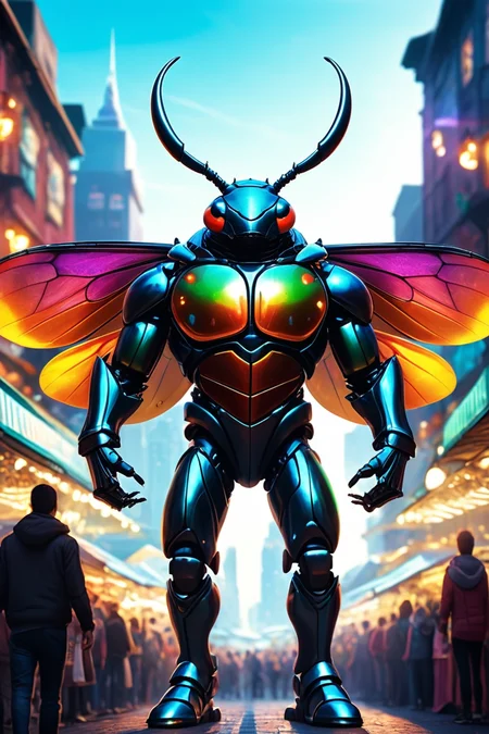 Detailed digital illustration of an anthro Beetle (Stretching arms out, open stance) at a Holographic skyline projections in crowded market, <lora:xl_more_art-full_v1:0.5>, <lora:anthro_muscular:0.7>, <lora:MJ52:0.6>, <lora:madpunk:0.4> madpunk