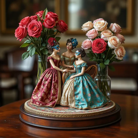 Miniature diorama of a masquerade ball next to a bouquet of roses, detailed digital illustration of a masquerade ball held in a palace, 19th century, colorful dresses, masks, well-dressed women, glamorous, lascivious and somewhat decadent atmosphere, <lora:Flux.1_Turbo_Detailer:0.7>, <lora:Diorama_Flux:0.8>
