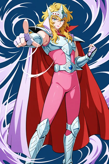 masterpiece, best quality, amazing quality, very aesthetic, absurdres, newest,SS_MIS, 1boy, tsurime, aged up, male focus, blue eyes, light pink lipstick, blonde hair, wavy hair, long hair, circlet, (white-violet cape, red inner cape, high collar), silver pauldrons, silver breastplate, silver fingerless gauntlets, sleeveless pink bodysuit, belt, belt buckle, silver greaves, pointing at viewer, simple background, blue background, ((aerokinesis)), ((vortex)), clenched hand