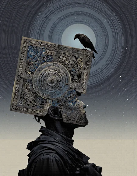 Art par Alexey Egorov. Une illustration numérique surréaliste tire à partir d'un angle de caméra frontal sur une silhouette stylisée d'une figure avec des motifs complexes et un oiseau perché dessus, placé sur un fond sombre et texturé avec un motif circulaire. L'image montre également une atmosphère sombre et de mauvaise humeur. Au milieu de l'image, une figure humanoïde avec un visage squelettique semble être un homme, avec un corps mince et sans âge perceptible, tenant un grand objet rectangulaire orné dans leurs mains. La figure est positionnée sur le côté gauche du cadre, le haut du corps visible, et ils sont loin de la caméra. L'homme porte un masque et a une expression sérieuse sur leur visage, avec une main reposant sur l'objet et l'autre la tenant avec l'autre main. L'oiseau est perché sur le dessus de la figure, avec son bec ouvert et ses yeux se concentrent sur quelque chose au loin. L'arrière-plan est un gradient de blues et de gris sombres, avec de petits points blancs dispersés partout, donnant à l'image un sentiment de profondeur et de dimensionnalité.
