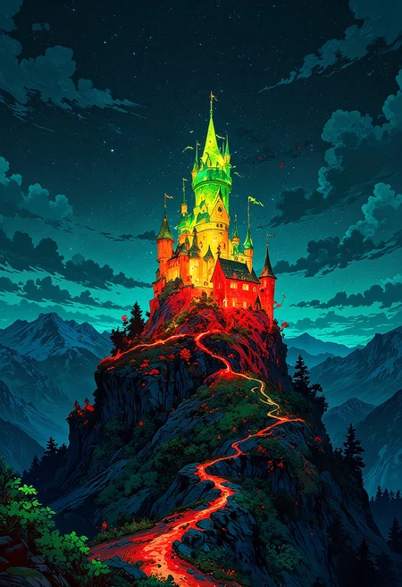 A layered image of landscape, A glowing castle with red bottom, a yellow middle, a green top, on a hill, in a vast night landscape