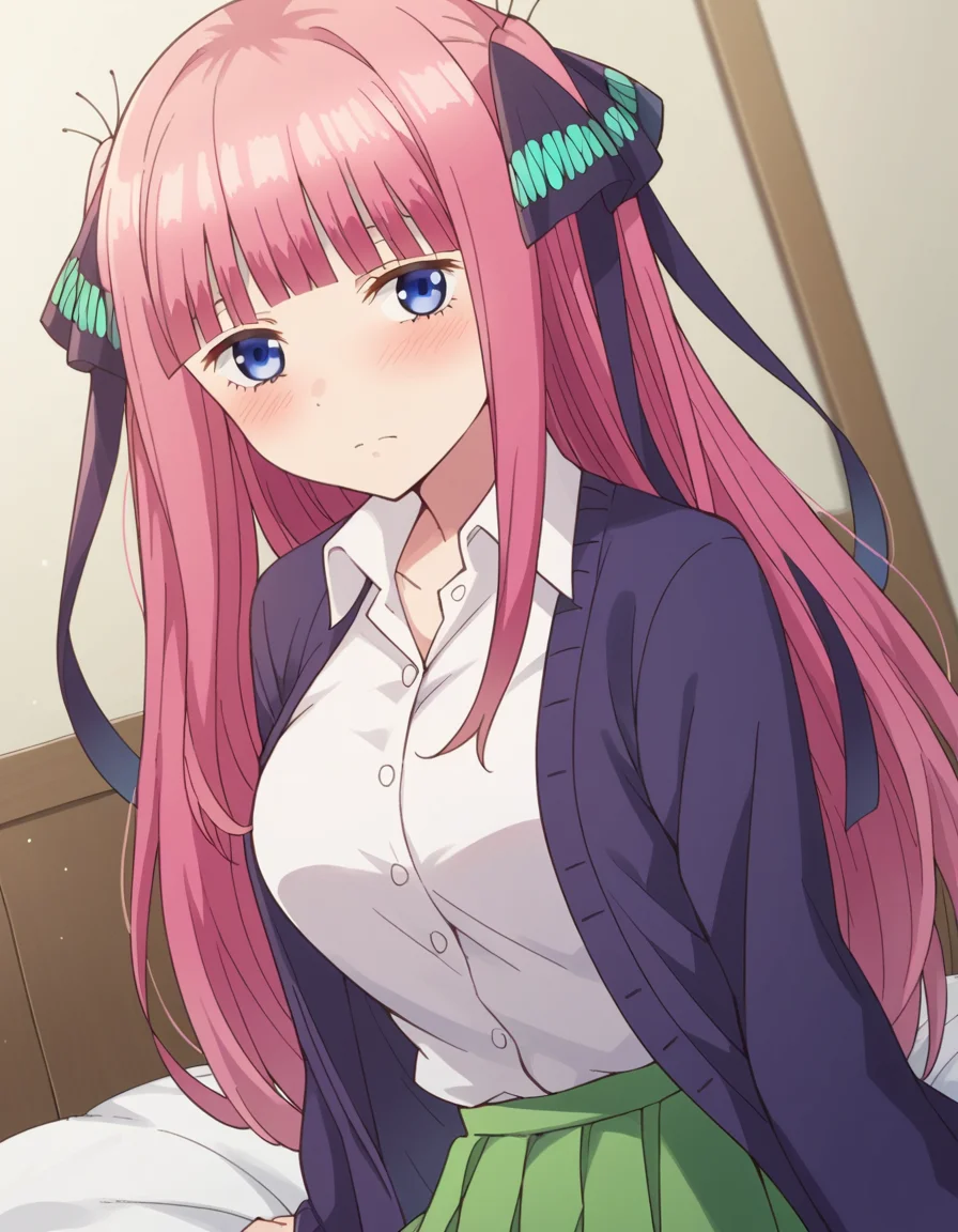 score_9, score_8_up, score_7_up, source_anime,
ninonakano, <lora:nino-nakano-s1-ponyxl-lora-nochekaiser:1>,
nino nakano, long hair, bangs, blue eyes, hair ornament, hair ribbon, pink hair, blunt bangs, two side up, butterfly hair ornament, mature female,
skirt, shirt, long sleeves, white shirt, pleated skirt, open clothes, collared shirt, sleeves past wrists, dress shirt, cardigan, green skirt, open cardigan, black cardigan,
indoors, bed, bed room, on side, blush, drunk,
looking at viewer, cowboy shot, dutch angle, solo,