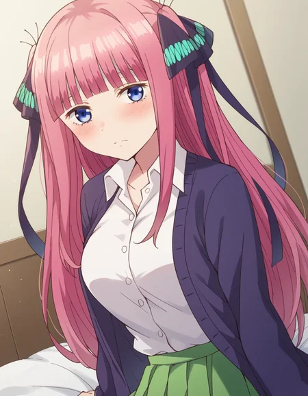 score_9, score_8_up, score_7_up, source_anime,
ninonakano, <lora:nino-nakano-s1-ponyxl-lora-nochekaiser:1>,
nino nakano, long hair, bangs, blue eyes, hair ornament, hair ribbon, pink hair, blunt bangs, two side up, butterfly hair ornament, mature female,
skirt, shirt, long sleeves, white shirt, pleated skirt, open clothes, collared shirt, sleeves past wrists, dress shirt, cardigan, green skirt, open cardigan, black cardigan,
indoors, bed, bed room, on side, blush, drunk,
looking at viewer, cowboy shot, dutch angle, solo,