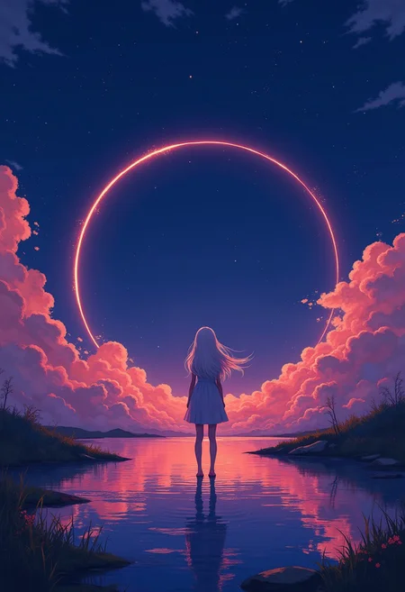 DB4RZ style painting cinematic style, high quality, realism, chiaroscuro, still film, realism, This is a digital artwork in a stylized, anime-inspired art style. The scene depicts a serene night landscape with a large, eclipse dominating the sky. The circle is depicted with a violet hue, casting a warm glow across the scene. The sky is a deep, dark blue, scattered with small, twinkling stars and fluffy, pink and orange clouds that add a sense of depth and texture. Clean reflective surface ionosphere stratosphere. At the center of the image, a solitary female character stands facing the eclipse, with their back to the viewer. The girl is depicted in silhouette, wearing a short, light-colored flowing dress that contrasts sharply with the dark background. They have flowing long, white hair that blends seamlessly with the night sky. The figure is standing in shallow water, which reflects the glowing light and creates a mirror-like effect on the surface, enhancing the tranquil atmosphere. The overall color palette is dominated by deep blues, purples, and reds, creating a dreamlike and almost ethereal ambiance. The image evokes a sense of solitude and contemplation, with the circle as the focal point and the figure as a silent observer. The artwork captures a moment of quiet reflection under the night sky. <lora:Phlux:0.4> <lora:Pixel_Art_FLUX:-0.5> <lora:Relief_Art_for_Flux_-_by_Ethanar:0.5> <lora:amateurphotov2:0.5>