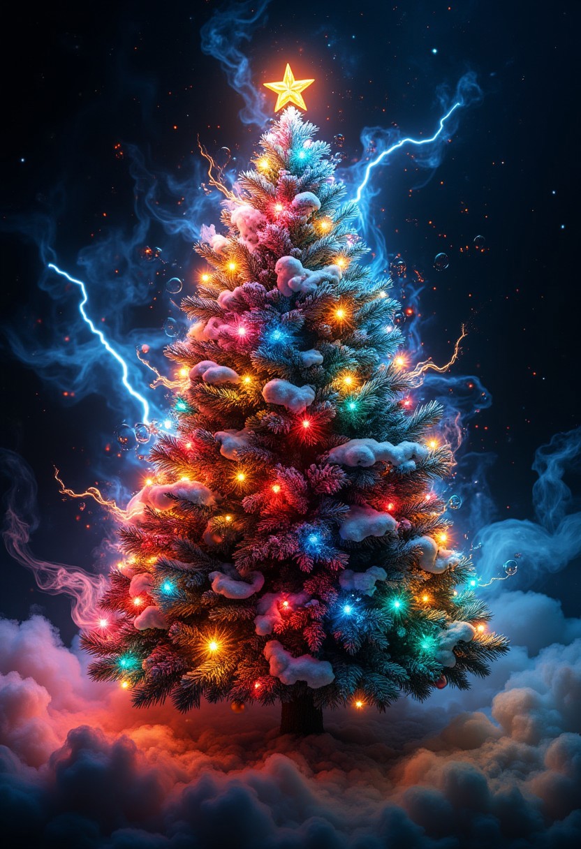 christmas tree, smoke, colored bubbles, stars, flashes, lightning, colorful balls, colorful, intricate details, hyper-detailed, realistic, bright chiaroscuro lighting, professional photoshoot, macro, 50mm lens, aidmaMJ6.1