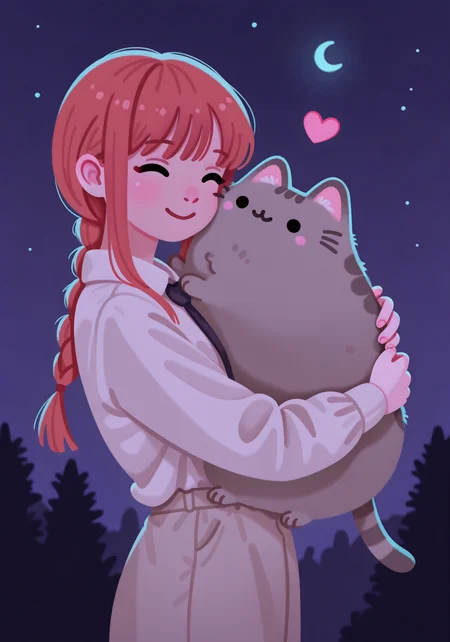 embedding:IllusP0s, pikaole, hugging Pusheen, hug, 1girl, solo, loving, smile, night, makima_\(chainsaw_man\)<lora:PusheenIXL.safetensors:1.0:1.0> <lora:pikaole_ill.safetensors:1:1>