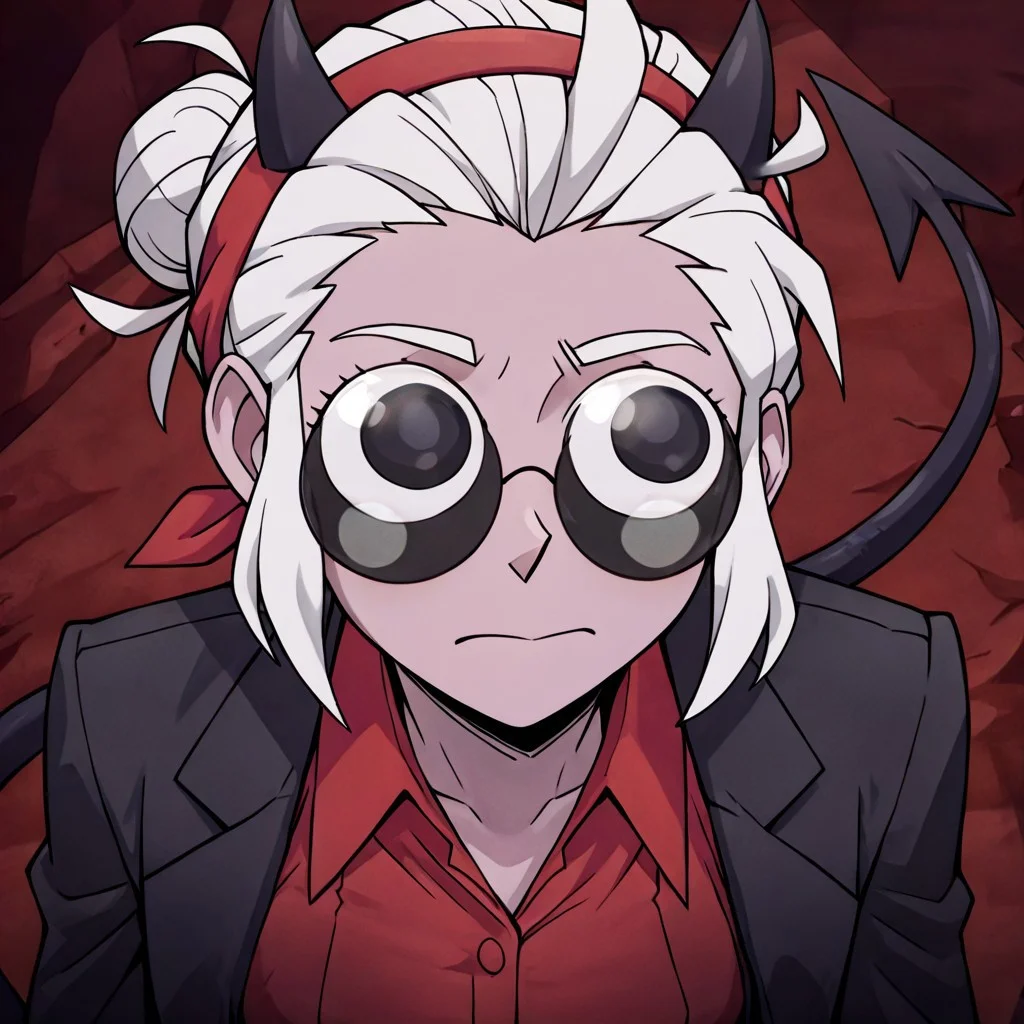 masterpiece, best quality, newest, absurdres, highres, anime, anime style, GUGIL-V1.0, googly eyes, 1girl, justice (helltaker), white hair, short hair, hairbun, black horns, demon girl, demon tail, eyes visible through eyewear, black jacket, open jacket, red shirt, tail, red hairband,