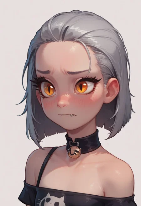 score_9,score_8_up,score_7_up, 1girl, amber eyes, cat eyes, long eyelashes, bob hair, gray hair, uncovered forehead, black highlight, skin fang, blushing, embarrassed. crop top with high neck, off-shoulder, cutout