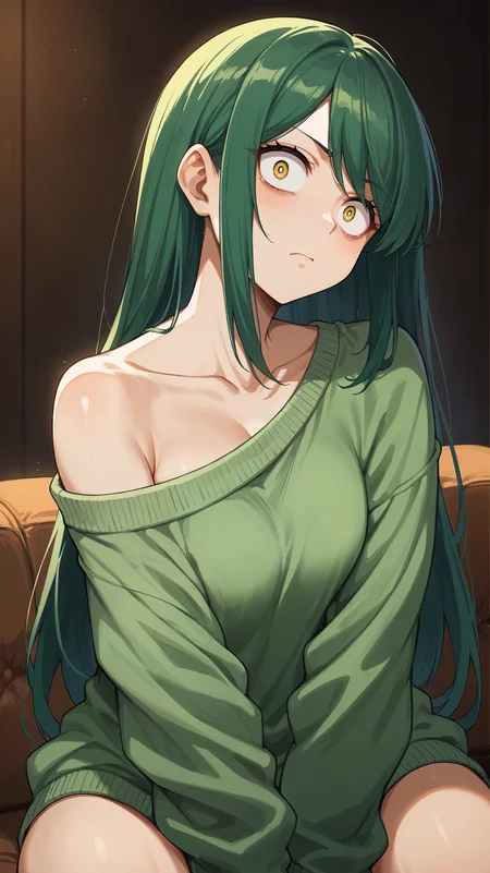 score_9,score_8_up,score_7_up,score_6_up, <lora:xl_more_art-full_v1:0.5>, source_anime, woman, dynamic pose, in profile, <lora:Tomoko Shiretoko (Ragdoll) - Pony:0.8>, long hair, green hair, yellow eyes, green sweater, oversized sweater, bare shoulder, cozy, dark room, bare neck, living room, constricted pupils, brown couch, confused, head tilt,