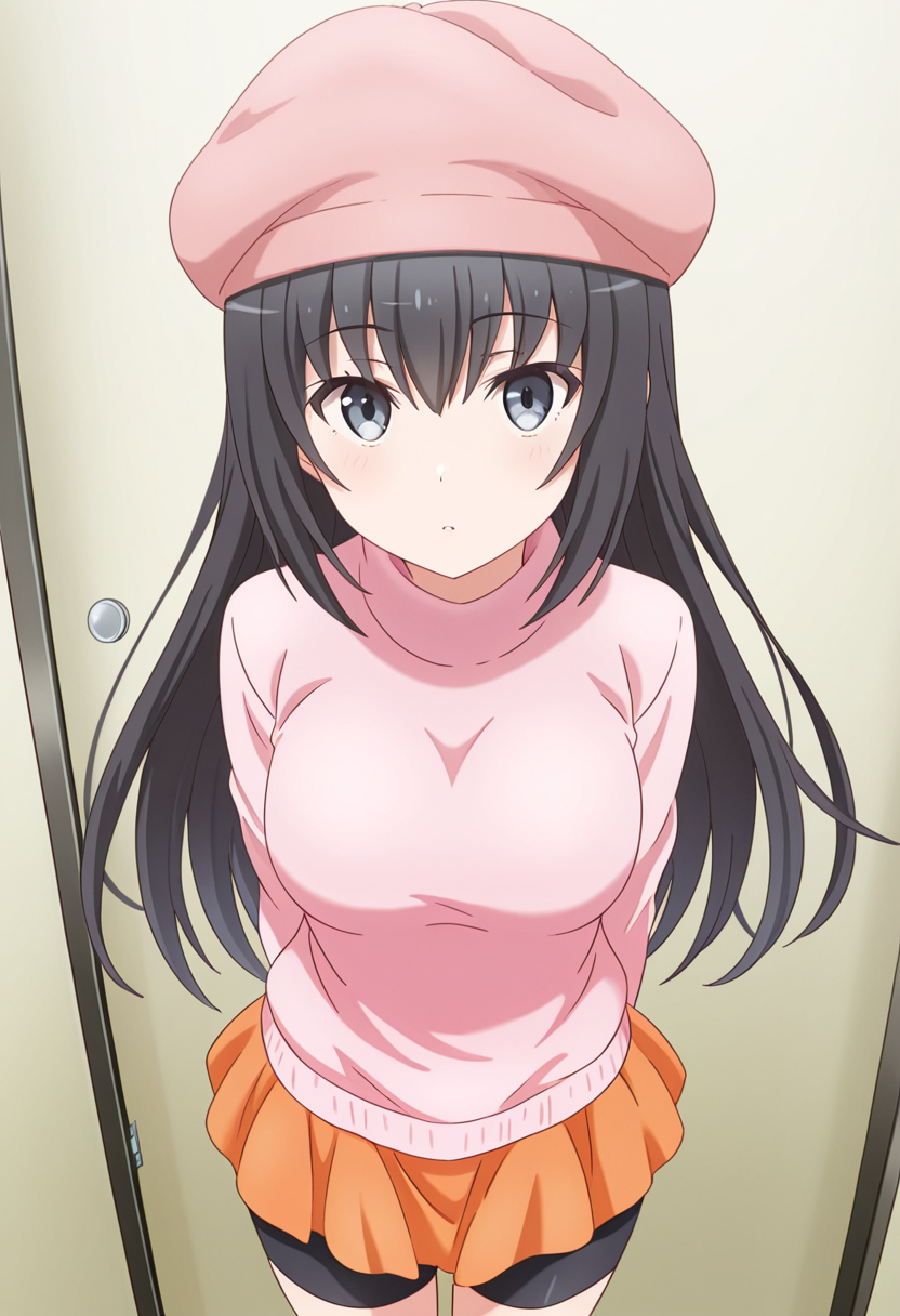1girl, oregairumiagup, black hair, long hair, pink turtlenack sweater, orange skirt, bike shorts under skirt, beret, looking at viewer, cute, season2art, <lora:RumiHighSchool_ill_v2:1>, masterpiece, best quality, high quality, detailed, absurdres