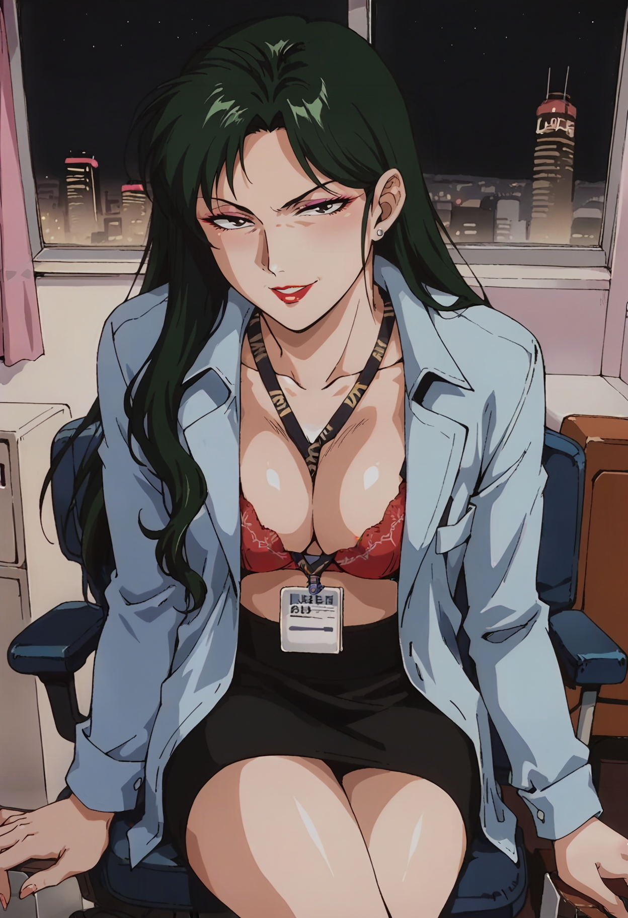 score_9, score_8_up, score_7_up, score_6_up, source_anime, anime screencap, anime coloring, <lora:CimaGarahau_epoch_7:0.7>, CimaGarahau, long hair, green hair, lipstick, black eyes,
<lora:xRandomGirl10:0.7>, RandomGirl10, makeup, light blue shirt, cleavage, red bra, underwear, lanyard, black skirt, pencil skirt, black high heels,
looking at viewer, sitting, crossed legs, seductive smile, from above, upper body,
BREAK, indoors, night sky, cityscape, dark background, black background, city lights, window, swivel chair,