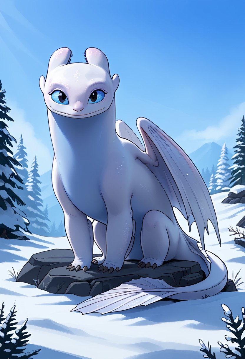 BREAK score_9, score_8_up, score_7_up, 1girl, solo, light_fury, feral, two-tone skin, white-blue skin, blue eyes, white wings, tail, heart-shaped tail tip, smile, sitting, snow season,