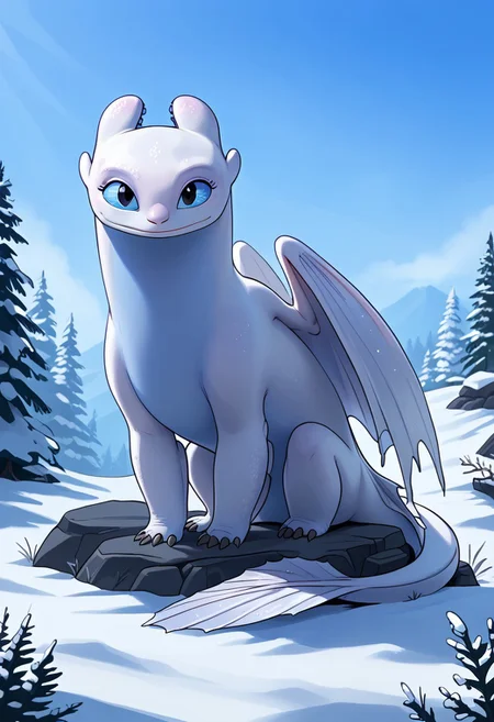 BREAK score_9, score_8_up, score_7_up, 1girl, solo, light_fury, feral, two-tone skin, white-blue skin, blue eyes, white wings, tail, heart-shaped tail tip, smile, sitting, snow season,