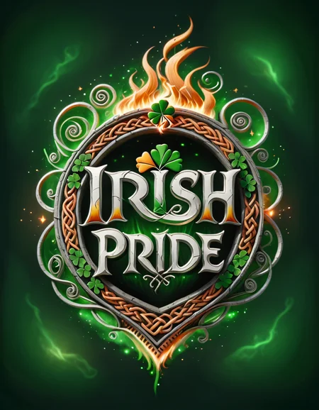 orange and green irish theme, (("irish pride" text logo) rune styled letters:1.6), closeup shot, strong barbaric male showing his irish celtic heritage in traditional warrior outfit, shield styled ornament, glowing sparks burning flames backdrop<lora:dvr-ftl:1> dvr-ftl <lora:ral-cltc:0.45> (irish flag background:1.2)