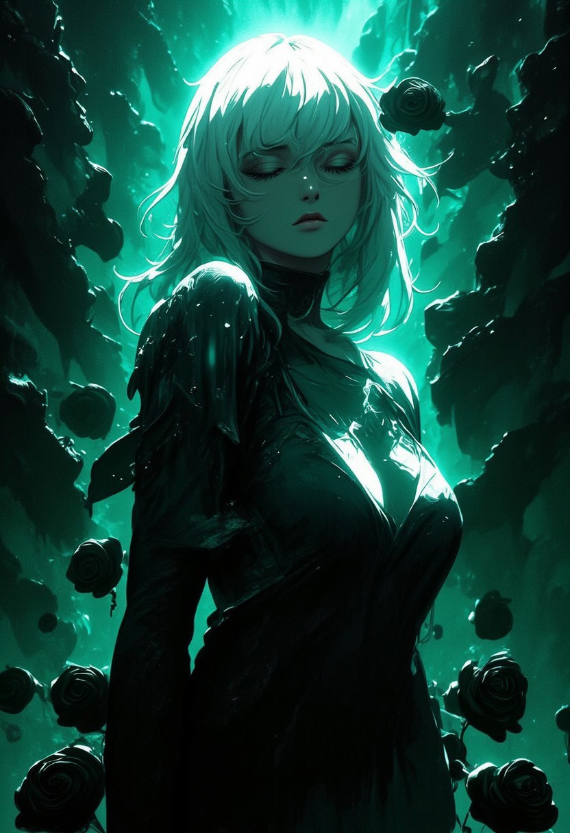 8k resolution, Absurd resolution, An Acrylic style painting that is expressive, gives it a dynamic and emotional quality. Anime art of a stylized portrait of a woman with a ethereal black and green mist surrounding her body. The mist creates a dramatic and surreal effect. The woman has a cold aesthetic, complimented by her white hair. Anime art of woman draped in shadows with a lighting that enhances her unique features.
The background is dark green, filled with black rose petals.