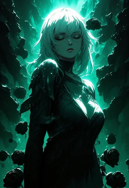 8k resolution, Absurd resolution, An Acrylic style painting that is expressive, gives it a dynamic and emotional quality. Anime art of a stylized portrait of a woman with a ethereal black and green mist surrounding her body. The mist creates a dramatic and surreal effect. The woman has a cold aesthetic, complimented by her white hair. Anime art of woman draped in shadows with a lighting that enhances her unique features.
The background is dark green, filled with black rose petals.