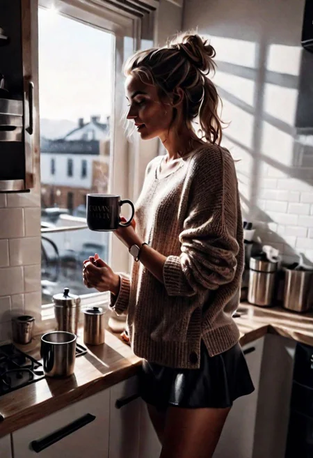 Ultra Realistic, girl, glam, in the kitchen, morning, chilling , shadows,  holding a mug, wide sweater