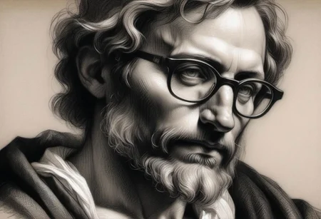 (masterpiece),
Black and white Renaissance drawing of a mid-age man, short beard, large glasses,
Black and white tones,
HDR, highly detailed, 32k,
looking at viewer, Style-Renaissance