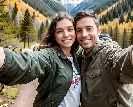 RAW photo, (masterpiece), best quality, extremely detailed, (man and woman), ((two people):1.2), (couple), sharp, studio quality,technical jacket hiking shorts,outside, sunny day,(outside on hiking trail), sitting, mountains, trees, dirt trail, (looking at viewer), 8k uhd, dslr, soft lighting, high quality, film grain, Fujifilm XT3, (full body portrait), (pov view), ((armoutstretched)), <lora:selfiearm:0.85>