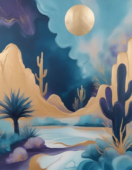 novuschroma86 style desert landscape with an oasis on a sunny day in gold, dark midnight blue, dark purple, dark teal, marbled paint <lora:novuschroma86 style_blue:1>