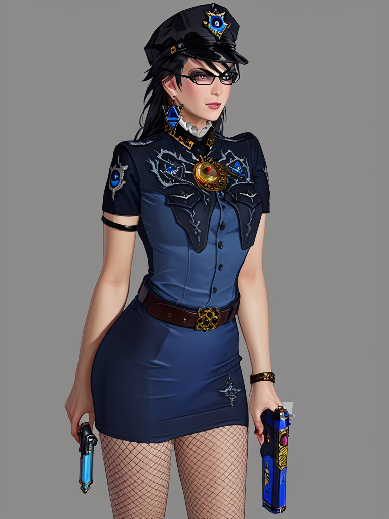 score_7_up, score_8_up, score_9, masterpiece, perfect face, perfect hands, high quality, 1girl, solo,  <lora:policewoman:0.6> hud_plce_wmn, short blue dress, short sleeves, belt, police hat, fishnets, badge, buttons, gun, <lora:bayonetta:1> bayonetta,