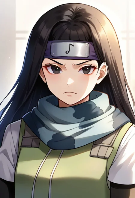 kin tsuchi, black hair, low-tied long hair, black eyes, forehead protector, hair bow, green vest, grey scarf, arm warmers,,<lora:Kin tsuchi 8-000011:1>