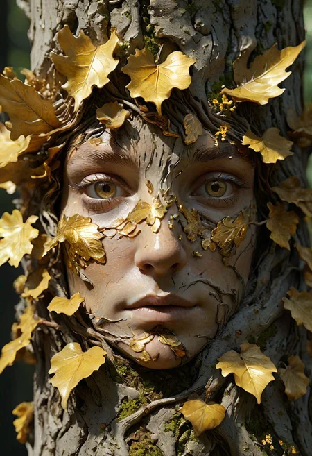 dryad portrait, face seamlessly transitions into gnarled oak bark, detailed eyes with flecks of gold, sunlight filters through leaves, detailed crown of leaves and flowers adorns her head, muted greens and browns, bioluminescent mushrooms on the bark, hyperrealistic