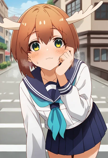 score_9, score_8_up, score_7_up, source_anime, masterpiece, 1girl, ct_shikan0k0, blue skirt, blue sailor collar, blue neckerchief, serafuku, pleated skirt, long sleeves, outdoors, city, depth of field, sunny, day,  looking at viewer, hand on cheeks, leaning forward, shiny skin, sweat, smell, <lora:Shikanoko_Noko_pony_v1:1>
