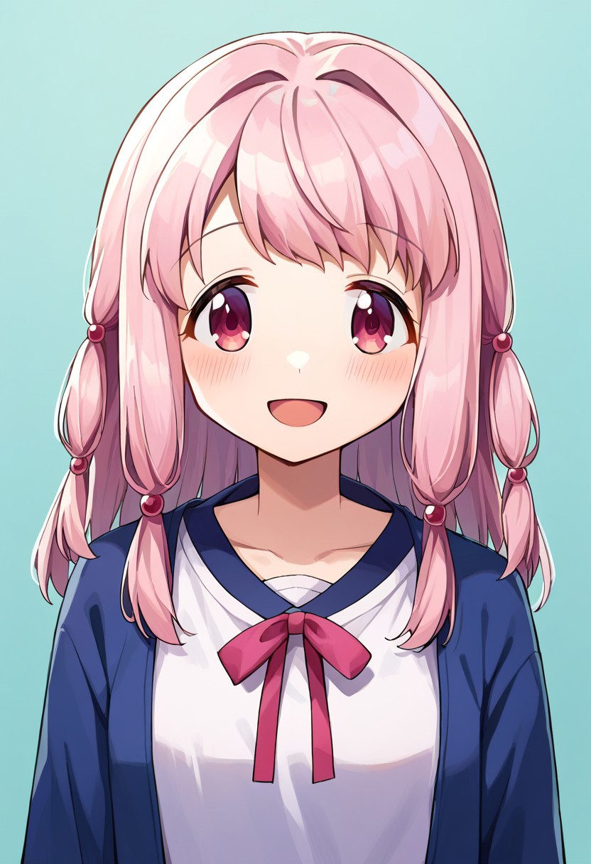 score_9, score_8, score_7, source_anime, tamaki ui, 1girl, solo, looking at viewer, smile, blush, shirt, open mouth, dot nose, sidelocks, ribbon