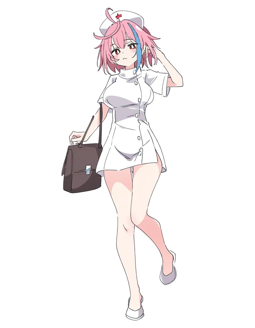 ixy,full body,nurse,nurse_cap,white background,simple background,holding_bag,
<lora:xialuo_noob:0.7>,xialuo,1girl,solo,red eyes,ahoge,pink hair,breasts,multicolored hair,blue hair,short hair,streaked hair,bangs,
masterpiece,best quality,very aesthetic,absurdres,