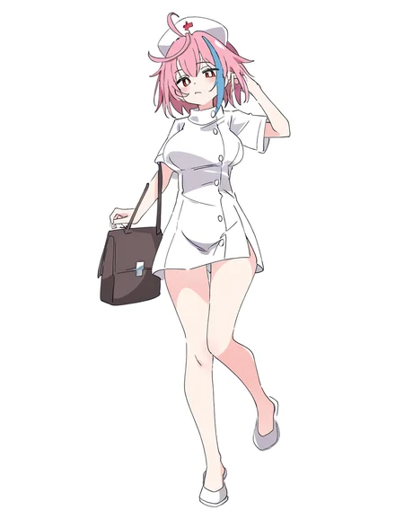 ixy,full body,nurse,nurse_cap,white background,simple background,holding_bag,
<lora:xialuo_noob:0.7>,xialuo,1girl,solo,red eyes,ahoge,pink hair,breasts,multicolored hair,blue hair,short hair,streaked hair,bangs,
masterpiece,best quality,very aesthetic,absurdres,