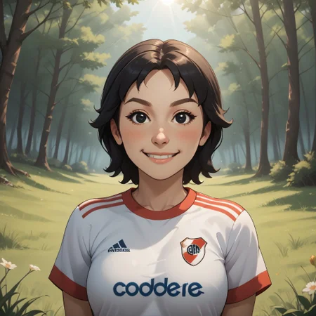 score_9, score_8, BREAK, solo, wii, mii, white skin, black hair, black eyes, dot eyes, brown eyebrows, small nose, blush, smile, RiverPlate, striped shirt, striped, shirt, white shirt, short sleeves, clothes writing, sportswear, soccer uniform, breasts, 1girl, female mii, wii sports, cute, Rin_(\Wii_Sports\), Nintendo Mii, modern_mii, classic_mii, adult female, mature female, sexy pose, self portrait, smile, outdoors, sunlight, shadows, evening lighting, natural lighting, forest, trees, grass, orange sky, sunset