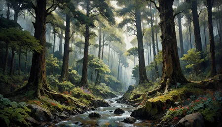 Mist-shrouded ancient redwood forest, towering giants reaching skyward, dappled sunlight filtering through dense canopy, soft emerald moss carpeting forest floor, delicate ferns unfurling, crystal-clear babbling brook winding through, weathered granite boulders, vibrant wildflowers in clearings, ethereal morning light, untouched wilderness, pristine ecosystem, rich biodiversity, earthy scents, natural harmony, 8k resolution, photorealistic detail, soft focus edges, atmospheric depth, cinematic lighting <lora:Memadukan_Brush_Strokes_of_Fineart:0.9> <lora:Niji V2B:0.8> <lora:aidmaMJ6.1-FLUX-v0.4:0.9> <lora:flux_dev:1>