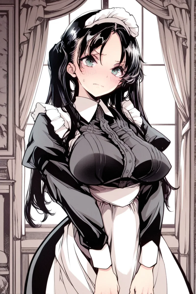 masterpiece, best quality, amazing quality,
<lora:Okito_IL:1> okito, 1girl, maid, maid headdress, long hair, blush, curtains, black hair, solo, long sleeves, apron, window, looking at viewer, breasts, puffy sleeves, maid apron, sweatdrop, indoors