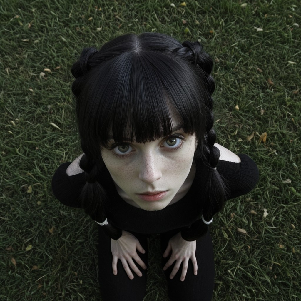 supercute, beautiful woman in a park in autumn, narrow oval face, skinny face, natural, pale white skin, black straight hair, thick hair, thick long bangs, big eyes, two carefully precisely braided pigtails, wearing all black, kneeling in grass, looking up at viewer

photo taken from above, pov