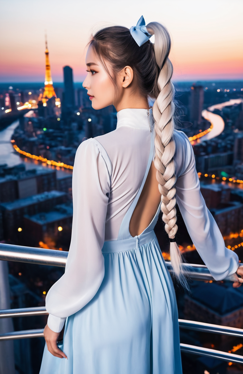 m3tr0pl3x3, ground vehicle, scenery, city, building, cityscape, sky, outdoors, skyscraper, city lights, bridge, cloud, tower, skyline, river, back view, half body photo of a prompt ., standing, posing, perfect interior, Height: Slightly taller than her younger Sailor Moon form, around 5 feet 5 inches, (165 cm:1.1), giving her a more mature and regal stature, Build: Slim and graceful, with a delicate yet commanding presence. Her figure exudes both femininity and strength, symbolizing her role as a queen and protector of the Earth, Hair: Long, silver-white hair styled in her signature "odango", (twin buns:1.1), with cascading pigtails that reach far below her feet. The hair shimmers with a radiant, moonlit glow, emphasizing her celestial nature and her connection to the Moon Kingdom, Eyes: Deep blue eyes that are soft yet intense, reflecting her wisdom, compassion, and inner strength. Her gaze carries a sense of serenity and divine authority, Skin: Fair and luminous, with a radiant, otherworldly glow that highlights her ethereal beauty. Her flawless complexion enhances her image as a celestial queen, accentuating her unique features and creating a captivating presence in the world of anime and manga artworks.,
A young girl with long white hair standing on top of a skyscraper overlooking a city skyline at sunset. she is wearing a black dress with a high neckline and long sleeves, and her hair is styled in two braids that are flowing in the wind. the girl is holding onto the railing of the skyscraper with both hands and appears to be looking out over the city below. the sky is orange and pink, and there are several tall buildings visible in the background. the overall mood of the image is peaceful and serene.
 <lora:m3tr0pl3x3 :1>