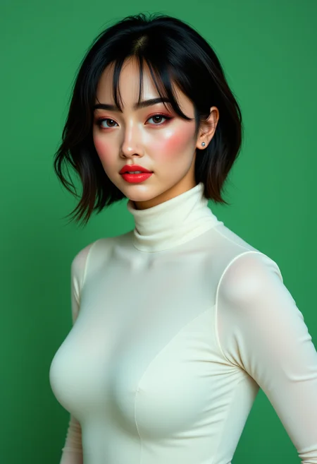 Headshots,masterpiece, a beautiful woman,Hyperrealistic, she is smiling, dynamic angles, multiple angles, photoshoot poses; A photo of Asian Girl 4, a woman with short hair, and brown eyes, she has massive breasts, a beautiful girl,she is wearing a white turtleneck sweater.she has massive breasts, she has piercing eyes. a dynamic pose and a sense of action. simple green background, and the lighting is soft, creating a dramatic effect, creating a focused and dynamic pose.; the scene is set in a beautiful well-lit environment, with a sense of action and adventure. Style: realistic hyper-detailed rendering, 32k UHD, expressive eyes, punk, graphic design, girl's face, pretty and cute, gleaming lips, telling a tale of adventure. Exuding confidence and serenity. The overall mood of the image is happy and relaxed, detailed skin texture,(blush:0.2),(goosebumps:0.3), subsurface scattering,with a playful and whimsical tone,aidmafluxpro1.1, perfection style,,retro50s_style,