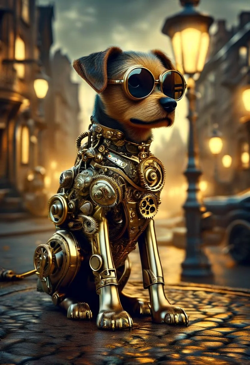 steampunk puppy with brass gears embedded in its fur, wearing aviator goggles and a leather harness. Puppy is sitting on a cogwheel, with steam rising in the background. Cobblestone streets with vintage lampposts surround the puppy. Soft, warm lighting casts a golden glow, enhancing the metallic tones. Digital illustration, Detailed and intricate, Warm and inviting hues of brass, copper, and brown