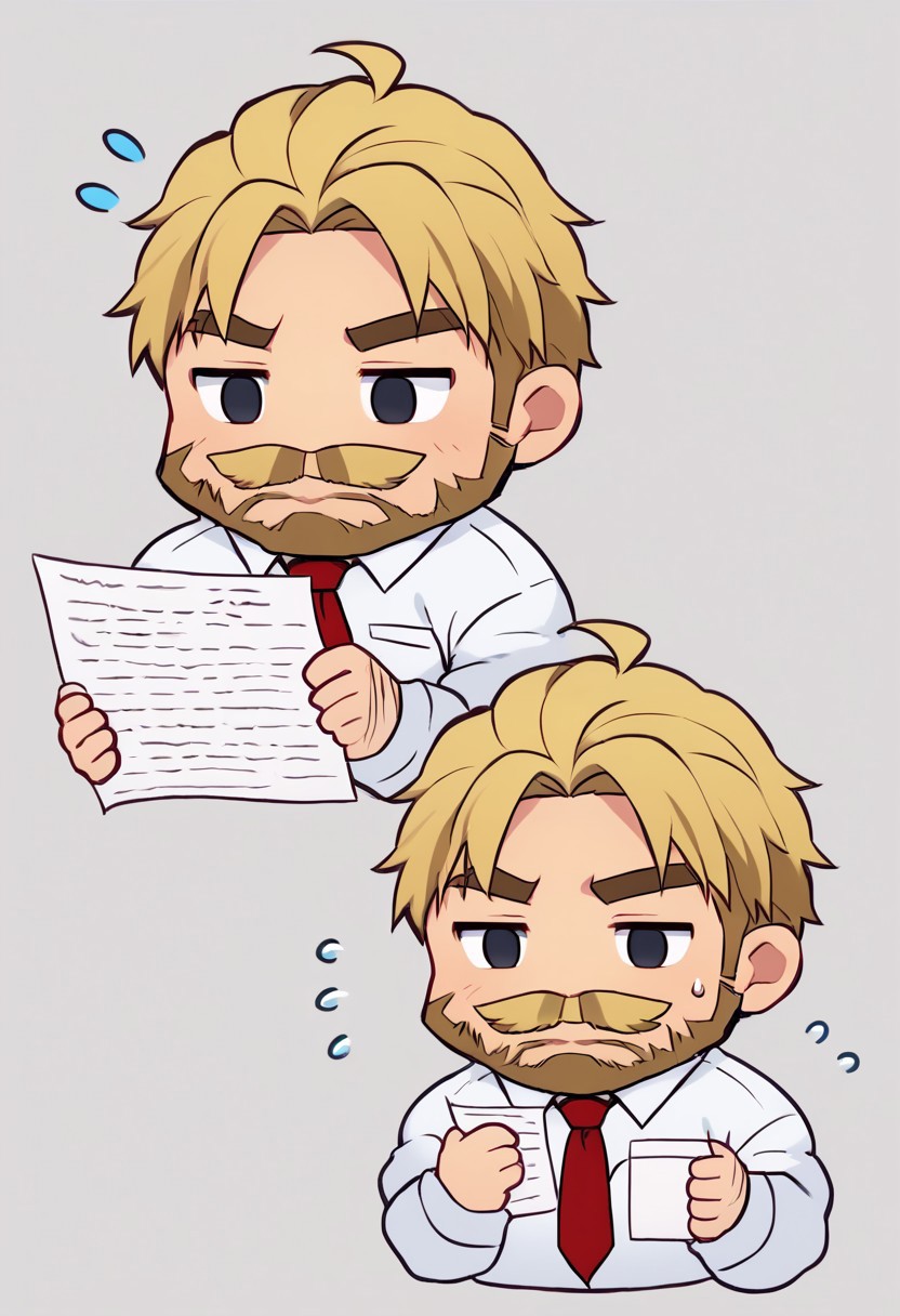 cccch, solo, short hair, full body, blonde hair, simple background, shirt, 1boy, white background, holding, white shirt, upper body, necktie, collared shirt, chibi, sweatdrop, black eyes, facial hair, flying sweatdrops, thick eyebrows, red necktie, beard, paper, mustache, flat color, holding paper, arm hair, male focus, text, background, bodybuilder, huge muscles, bara