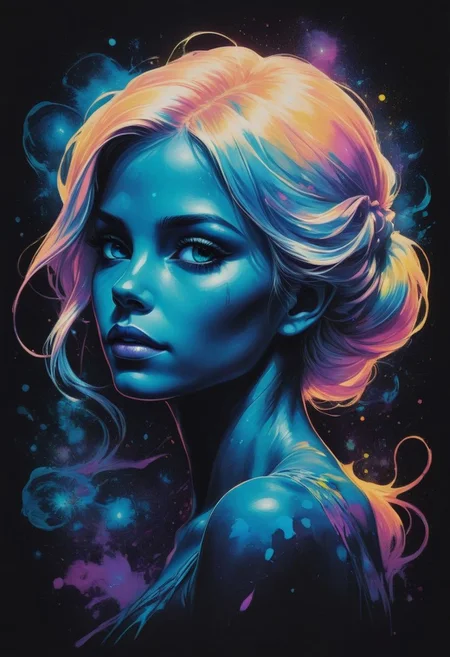 visual art painting of a womans face, black light, bioluminescent, fluorescent, silhouette, Inkstains