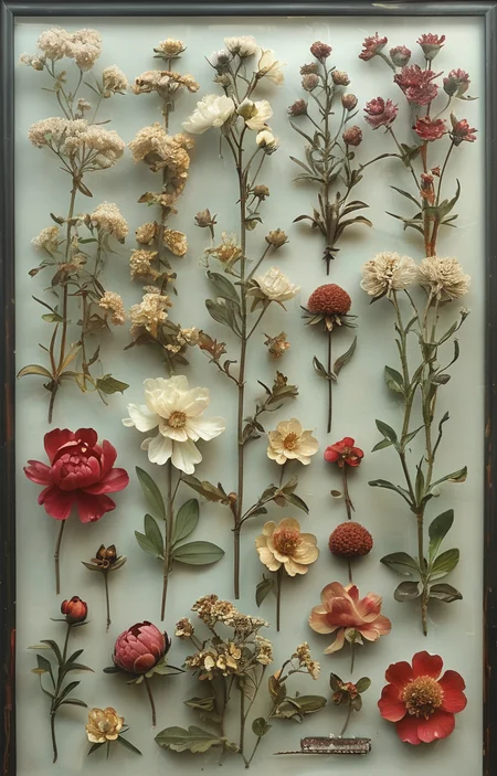 masterpiece,best quality,<lora:tbh229-sdxl:0.9>,style of Herbarium decaying peonies