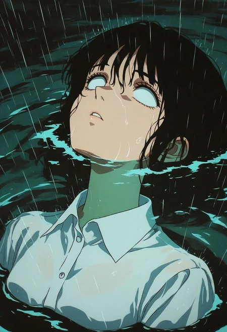 GLTST, Glitch, , solo, black hair, 1girl, collared shirt, rain, shirt, partially submerged, parted lips, short hair, water, looking up, white shirt, bangs, white eyes
