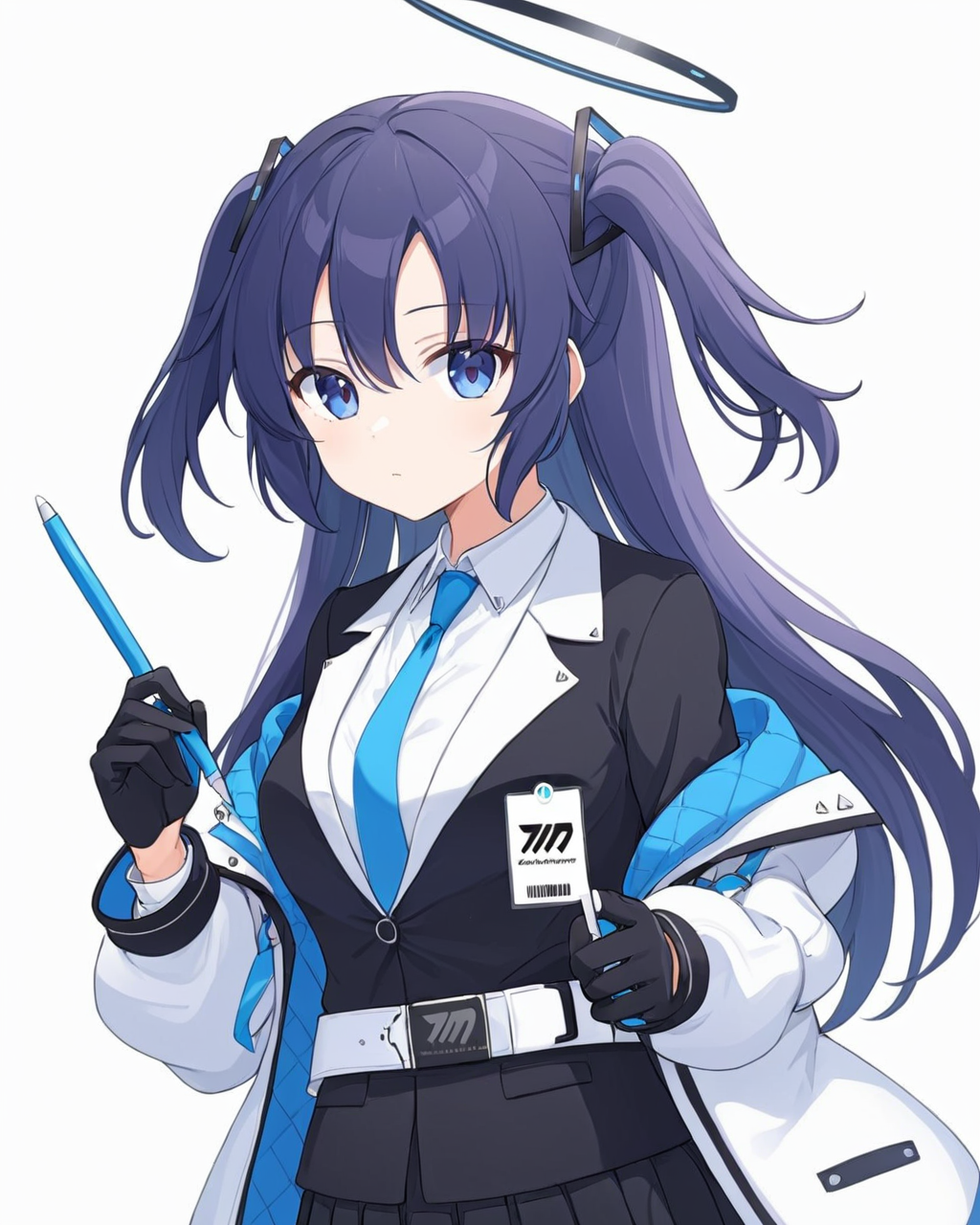 yuuka \(blue archive\),1girl, solo, halo, blue_necktie, simple_background, black_gloves, white_background, white_shirt, two_side_up, holding_pen, black_skirt, open_jacket, black_jacket, collared_shirt, off_shoulder, long_sleeves, parted_lips, belt, pleated_skirt, white_jacket, id_card, sidelocks, hair_ornament, multicolored_jacket, looking_at_viewer, suit
<lora:yuuka_(blue_archive)_image2119_2023-11-18_spv-000035:1>. gorgeous,key visual, vibrant, studio anime,award-winning, professional, highly detailed,high budget, cinemascope